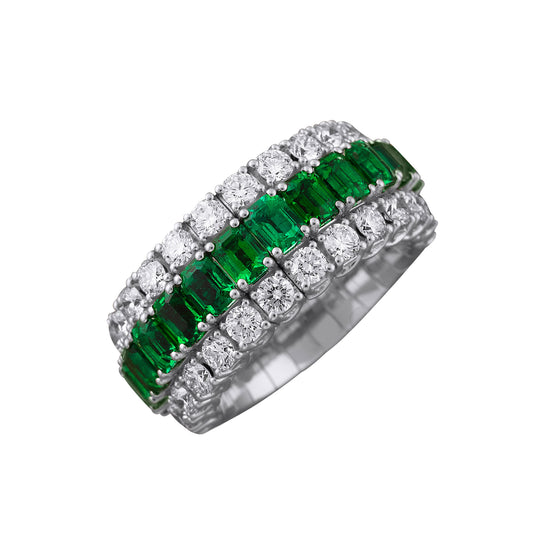 Picchiotti Xpandable™ 4.29CT Three Row Emerald and Diamond Mixed Cut Half Way Eternity Ring