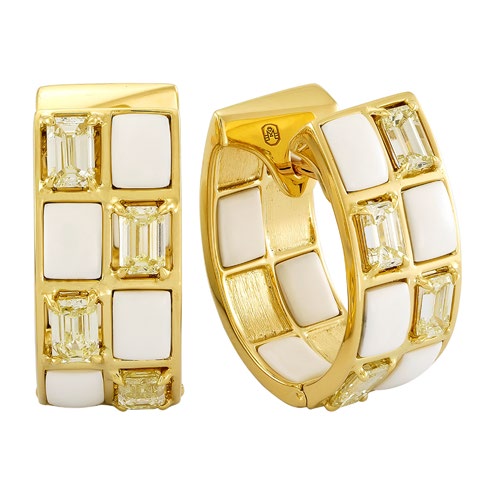 Etho Maria Hand-Carved Ceramic and Yellow Diamond Mosaic Checkered Hoop Earrings