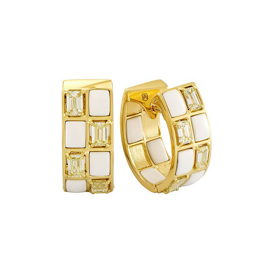 Etho Maria Hand-Carved Ceramic and Yellow Diamond Mosaic Checkered Hoop Earrings