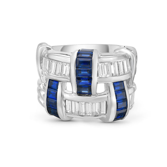 Charles Krypell Baguette Diamond and Sapphire Wide Cocktail Platinum Ring