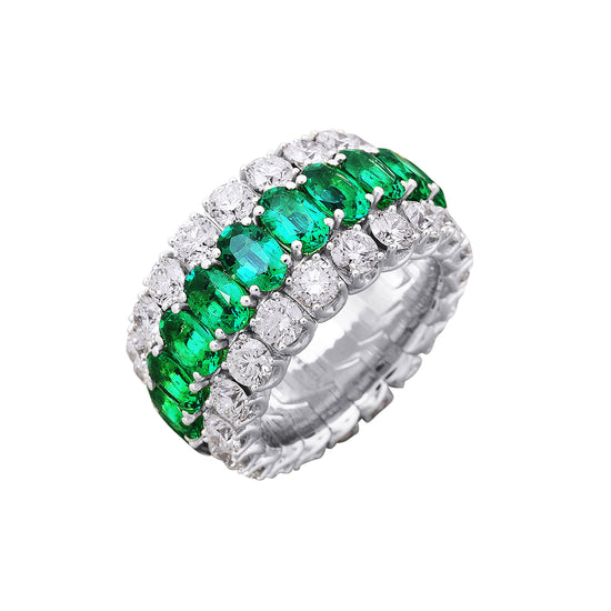 Picchiotti Xpandable™ 13.31CT Three Row Emerald and Diamond Mixed Cut Eternity Ring