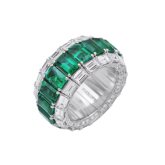 Picchiotti Xpandable™ 15.10CT Three Row Emerald and Diamond Mixed Cut Eternity Ring