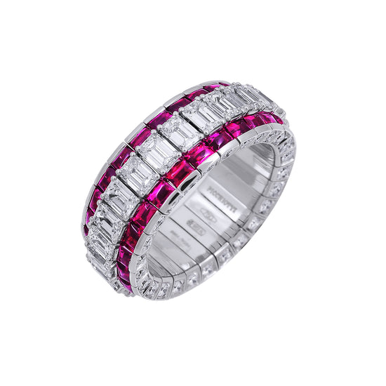 Picchiotti Xpandable™ 9.30CT Three Row Ruby and Diamond Mixed Cut Eternity Ring