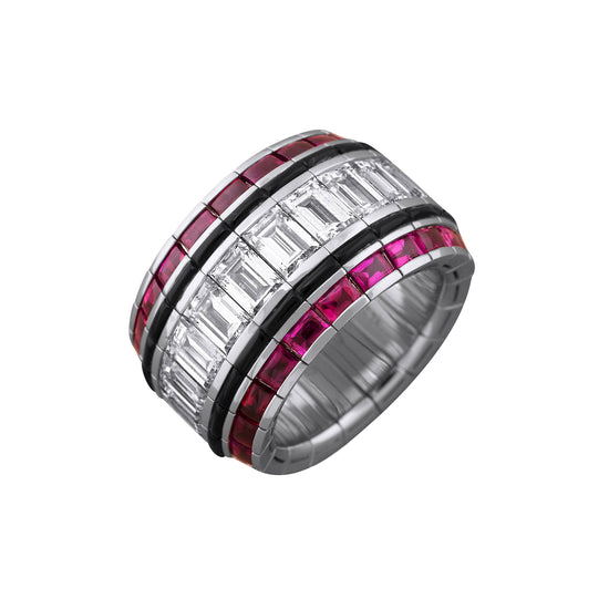 Picchiotti Xpandable™ 9.25CT Ruby, Diamond, and Onyx Mixed Cut Half Way Eternity Ring