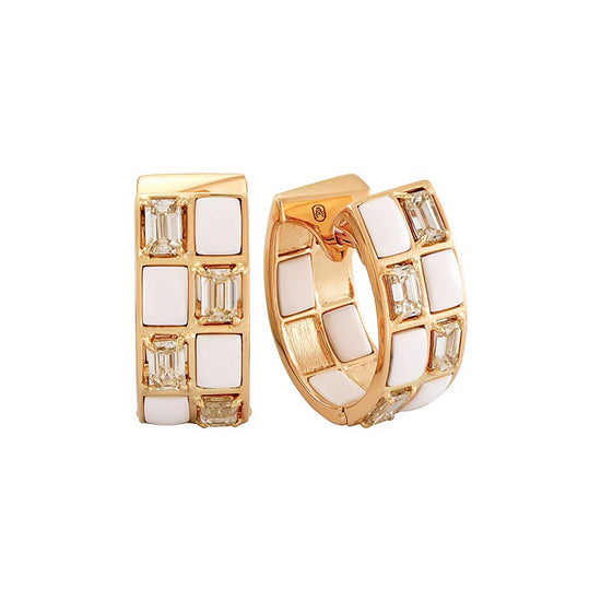 Etho Maria Hand-Carved Ceramic and Brown Diamond Mosaic Checkered Hoop Earrings