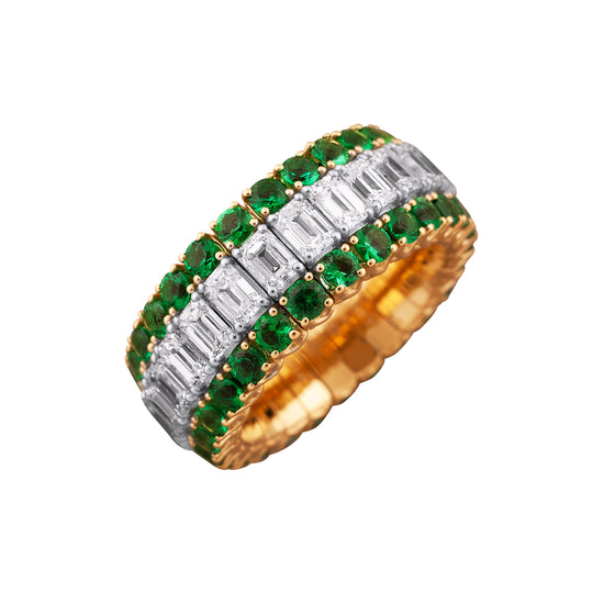 Picchiotti Xpandable™ 6.72CT Three Row Emerald and Diamond Mixed Cut Eternity Ring