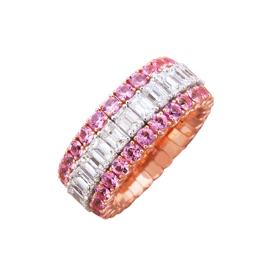 Picchiotti Xpandable™ 8.25CT Three Row Pink Sapphire and Diamond Mixed Cut Eternity Ring
