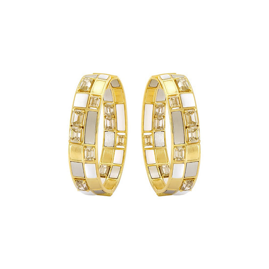 Etho Maria Hand-Carved Ceramic Platinum and Brown Diamond Mosaic Checkered Earrings