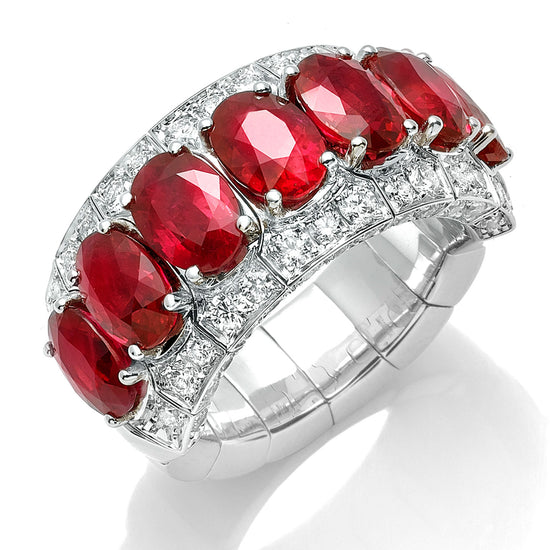 Picchiotti Xpandable™ 6.98CT Three Row Ruby and Diamond Mixed Cut Half Way Eternity Ring