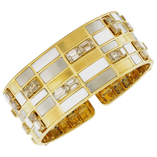 Etho Maria Hand-Carved Ceramic Yellow Gold and Platinum Brown Diamond Checkered Mosaic Cuff Bracelet