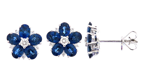 Blue Sapphire and White Diamond Flower Stud Earrings