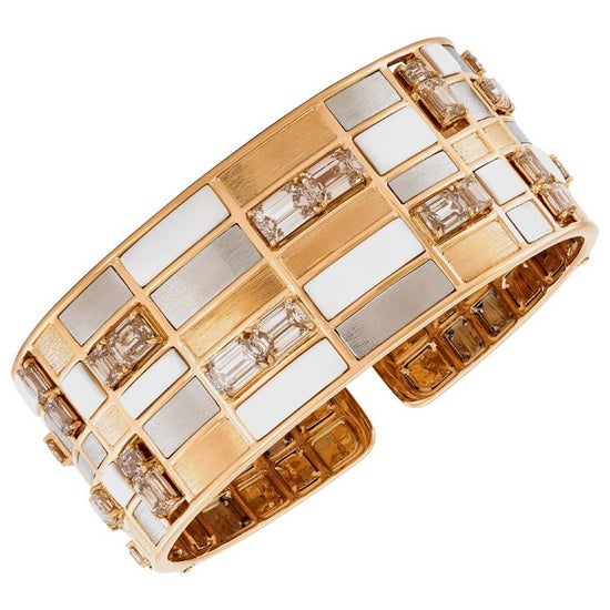 Etho Maria Hand-Carved Ceramic Rose Gold and Platinum Brown Diamond Checkered Mosaic Cuff Bracelet