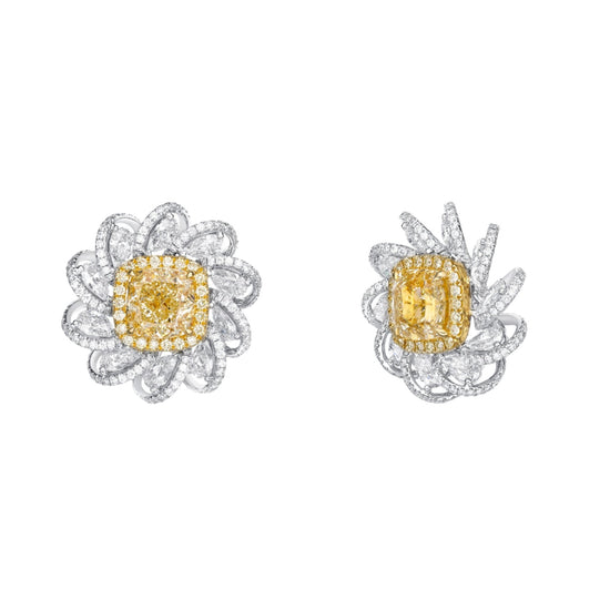 Yellow and White Diamond Floral Clip On Earrings