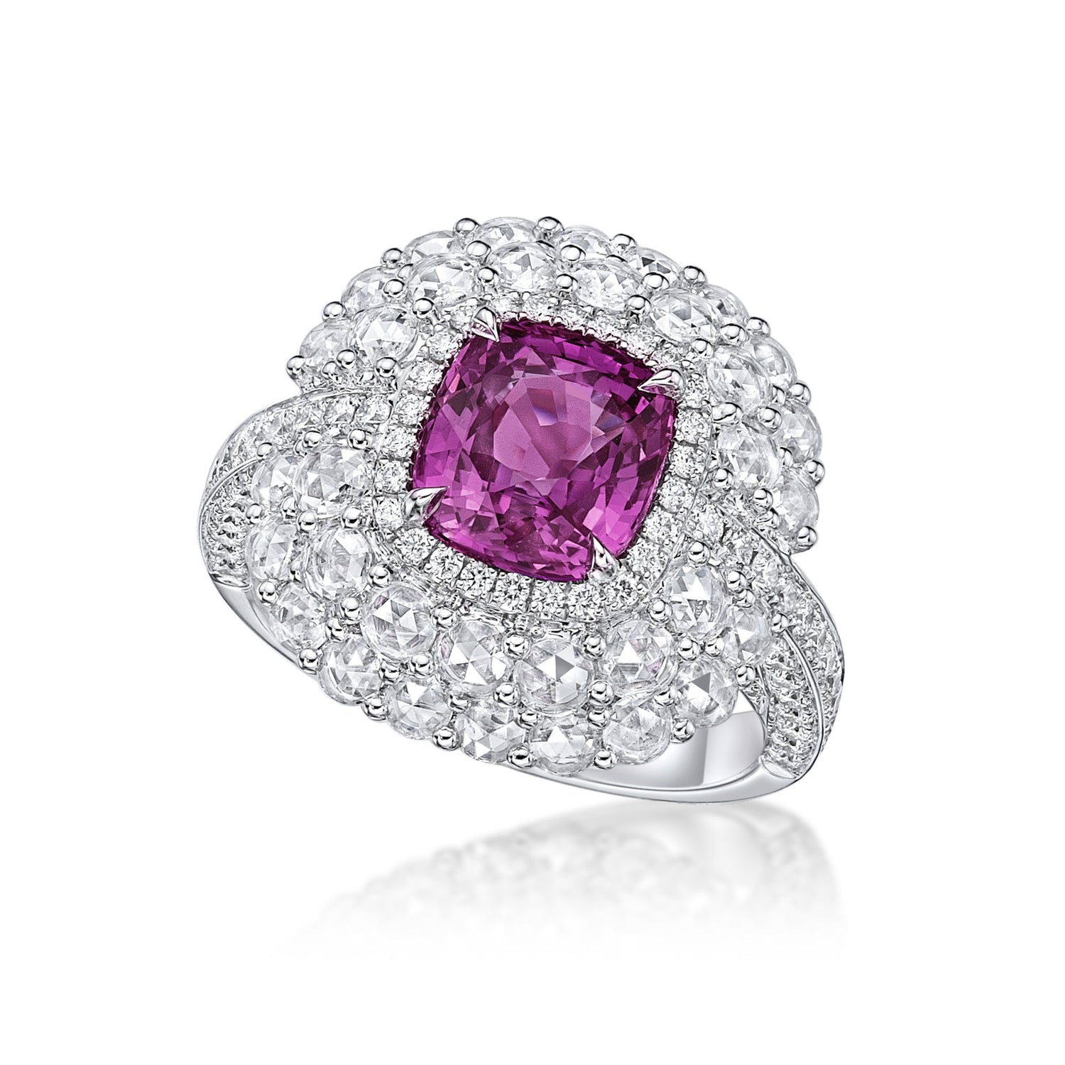 18K white gold ring with a 3.24 ct pink sapphire center and white diamond frame 