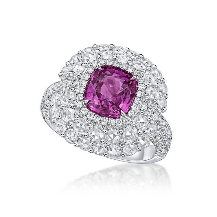 18K white gold ring with a 3.24 ct pink sapphire center and white diamond frame 