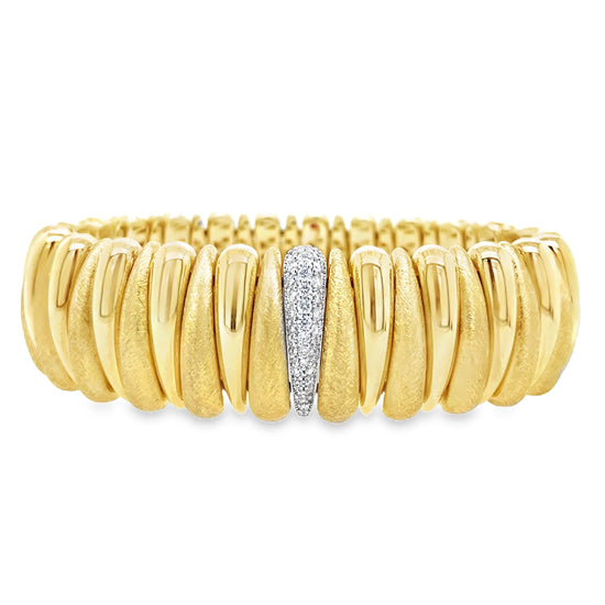 Large Artiglio Matte and Shiny Yellow Gold Stretch Bracelet with Diamond Section