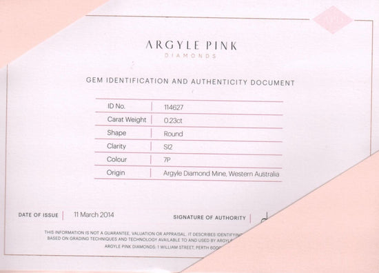 Certificate of authenticity for Argyle Pink Diamonds, issued 2014.