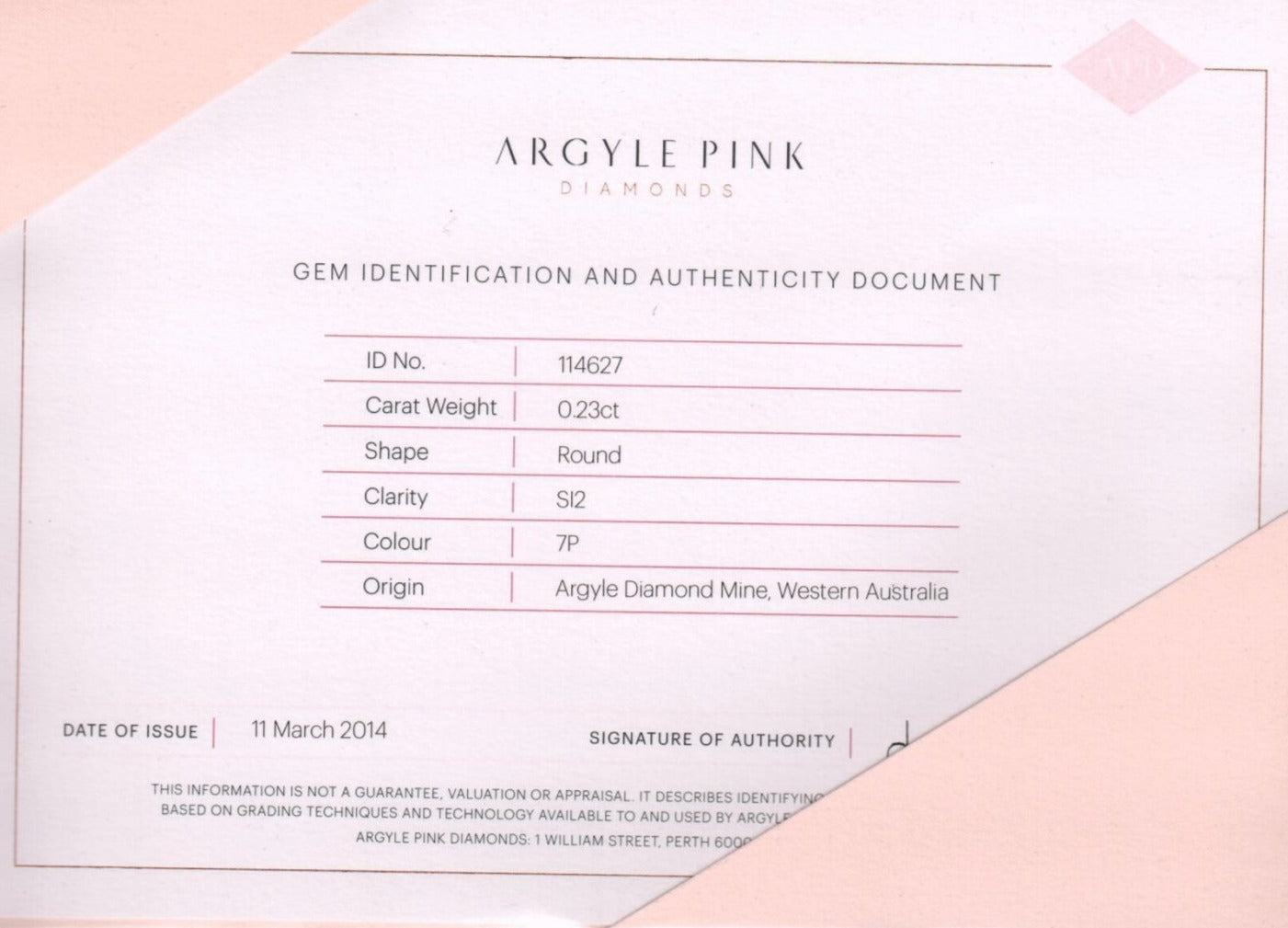 Certificate of authenticity for Argyle Pink Diamonds, issued 2014.