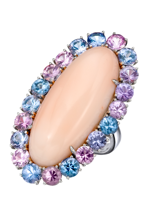 Angel Skin Coral and Multicolored Lavender Spinel Ring