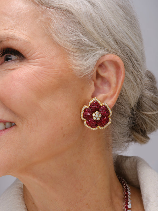 Vintage Ruby and Diamond Flower Stud Earrings