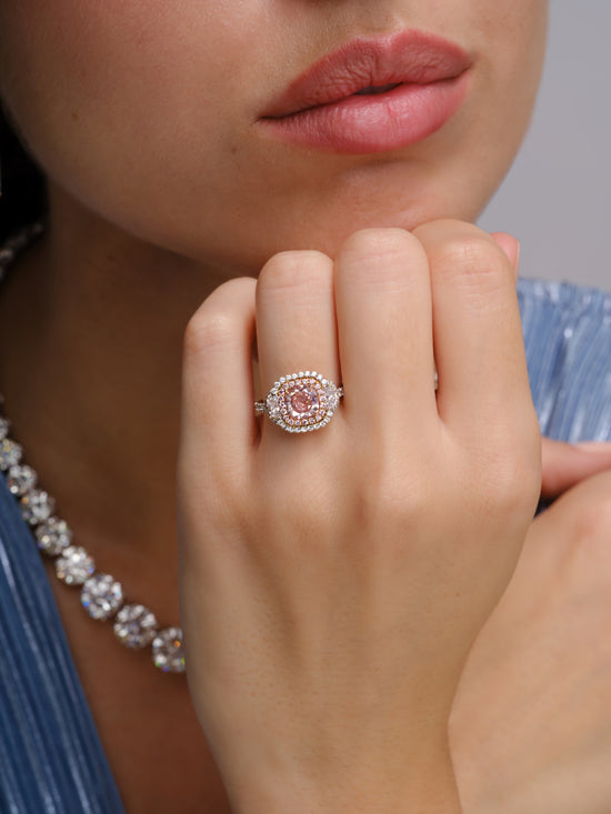 J Fine Cushion Cut Fancy Orangy Pink Diamond Ring