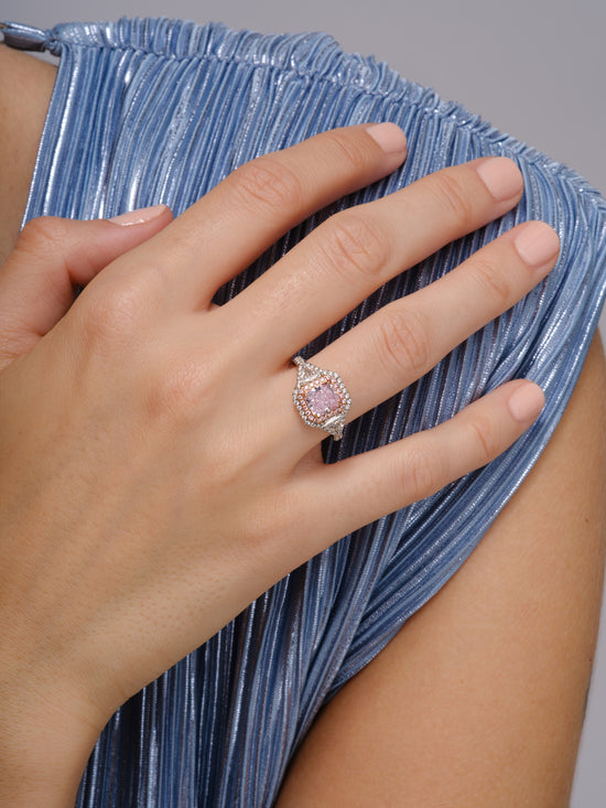 J Fine Radiant Fancy Pink-Purple Three Stone Diamond Ring