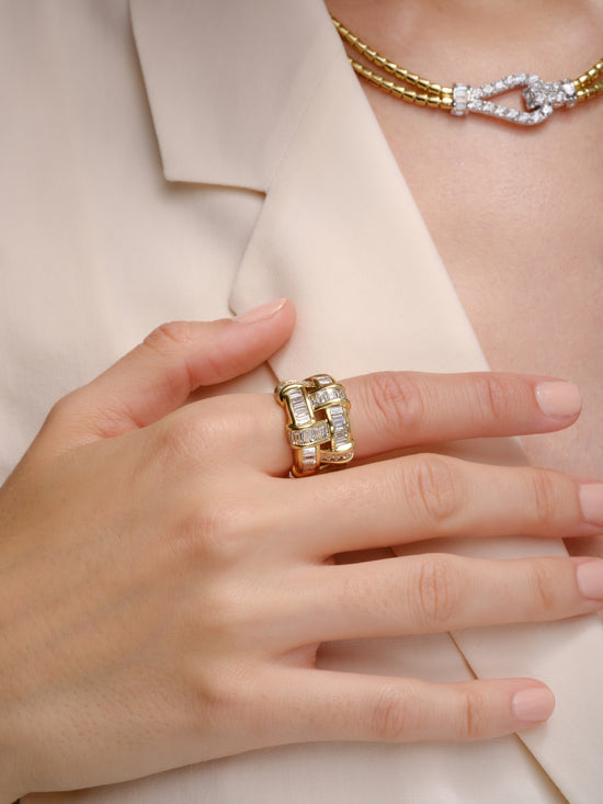 Charles Krypell Baguette Diamond Wide Cocktail Gold Ring