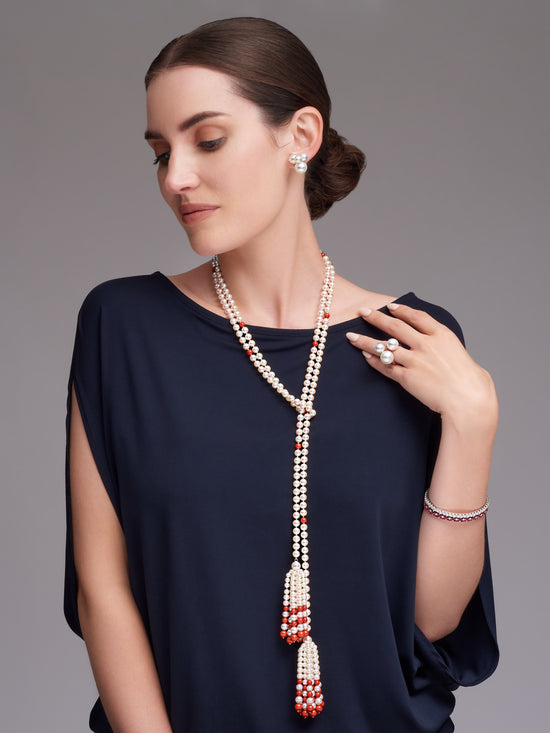 Pearl and Coral Tassel Larriat Necklace