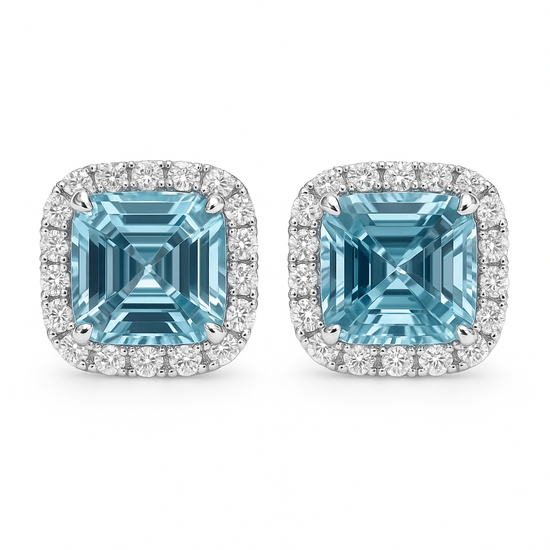 Aquamarine and Diamond Halo Stud Earrings