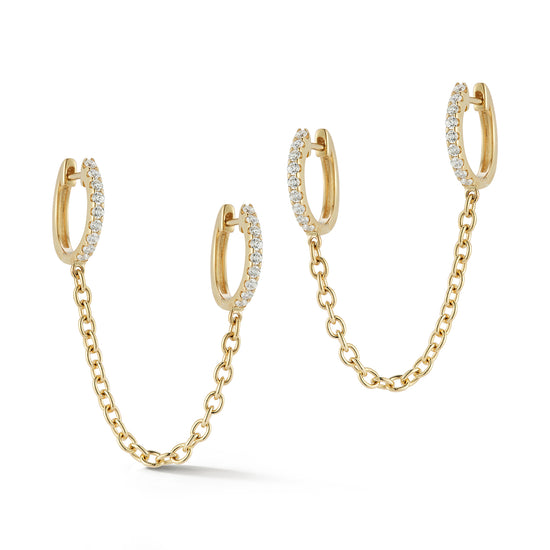 Double Pierced Pave Huggies Hoop Earrings with Thick Chain