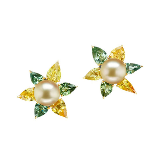 Multi Color Sapphire & Pearl Flower Earrings