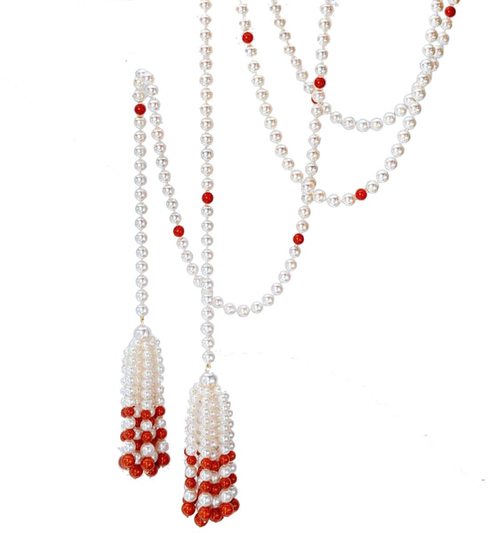 Pearl and Coral Tassel Larriat Necklace