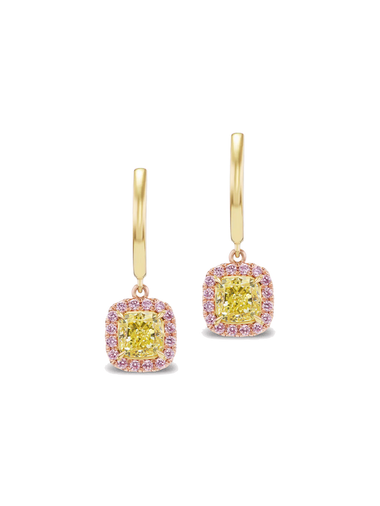 Yellow and Pink Diamond Huggie Drop Earrings