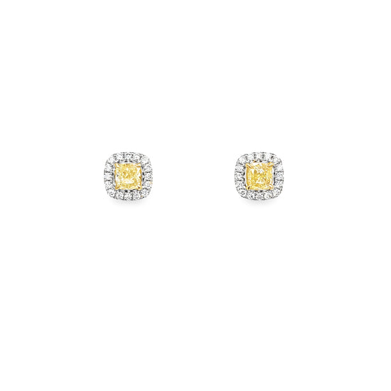 Fancy Yellow and White Diamond Square Halo Stud Earrings