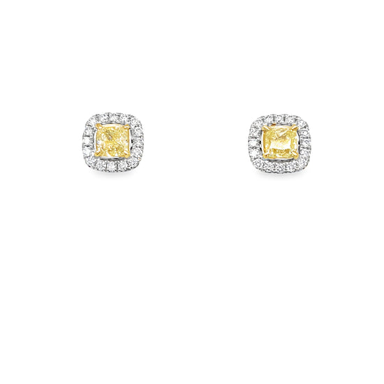 Fancy Yellow and White Diamond Square Halo Stud Earrings