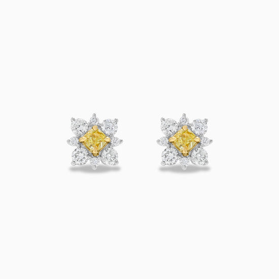Yellow Cushion Cut & White Diamond Stud Earrings