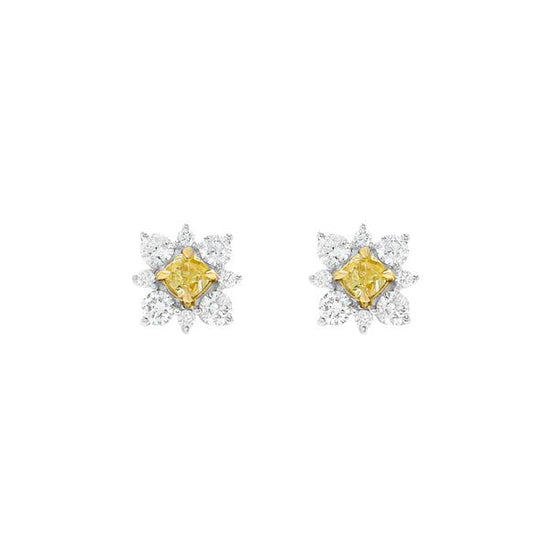 Yellow Cushion Cut & White Diamond Stud Earrings