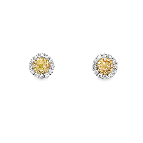 Fancy Yellow and White Diamond Round Halo Stud Earrings