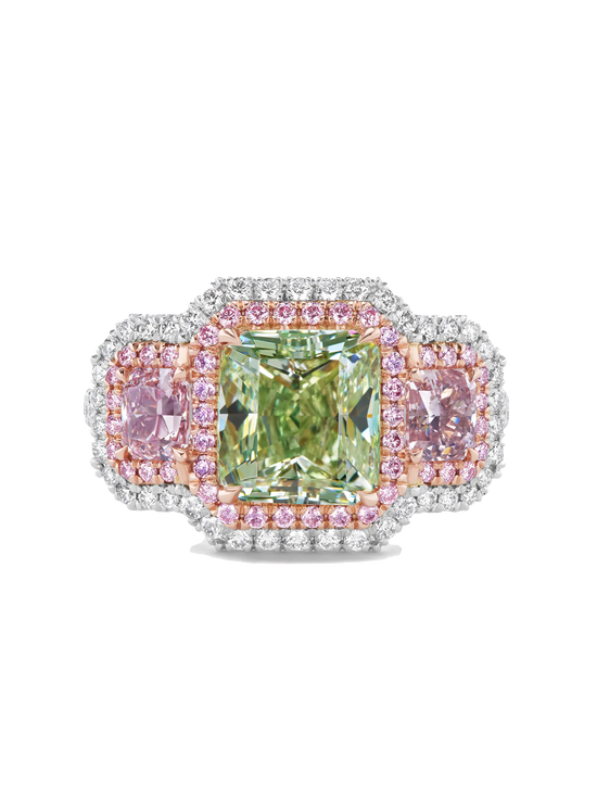 Pink and Green Diamond Three Stone Ring