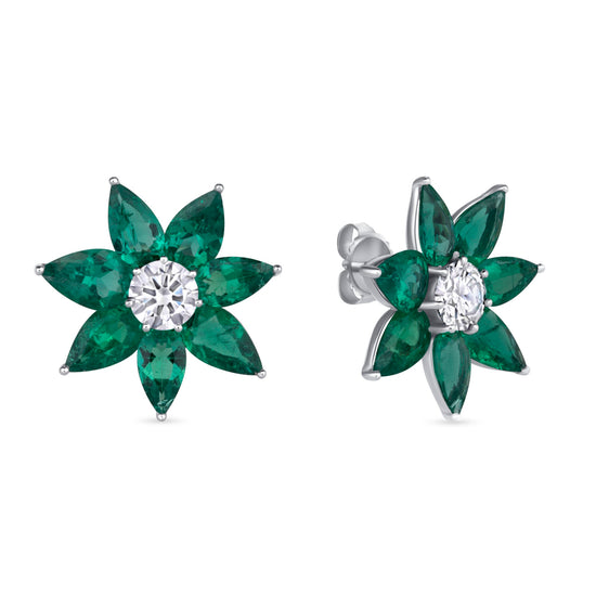Emerald and Diamond Flower Stud Earrings