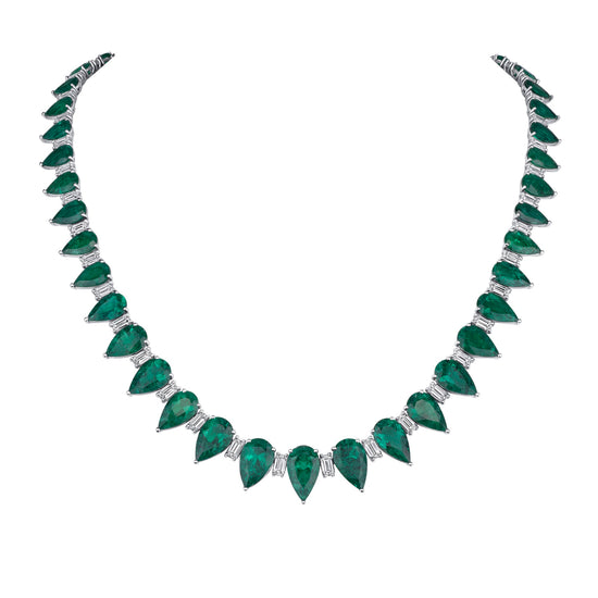 Pear Shaped Emerald and Emerald Cut Diamond Necklace