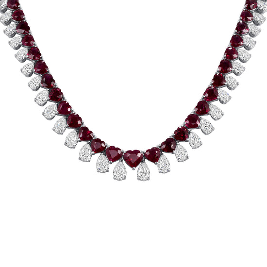 Hear Shaped Ruby and Pear Shaped Diamond Necklace