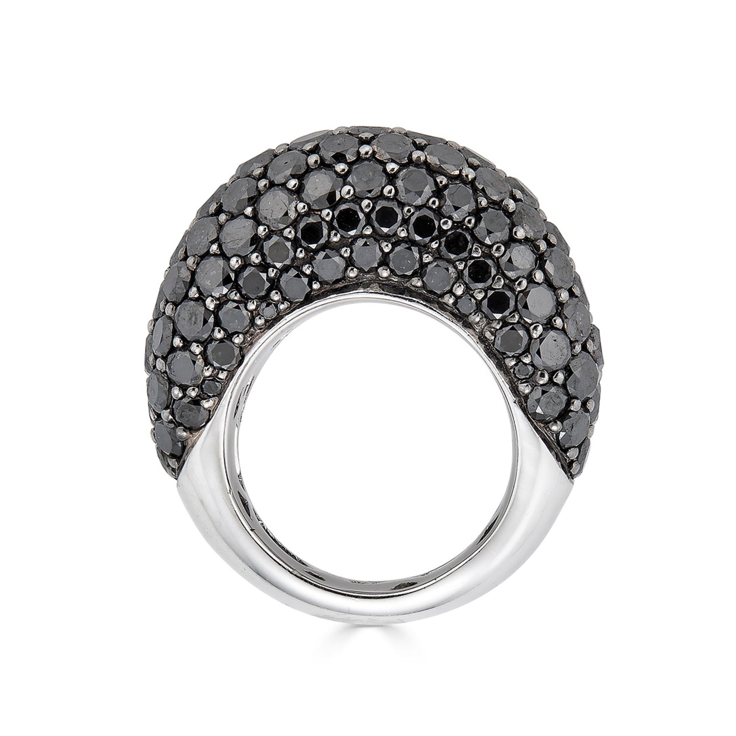 Large dome ring with round-cut black diamonds set on 18K white and black gold 