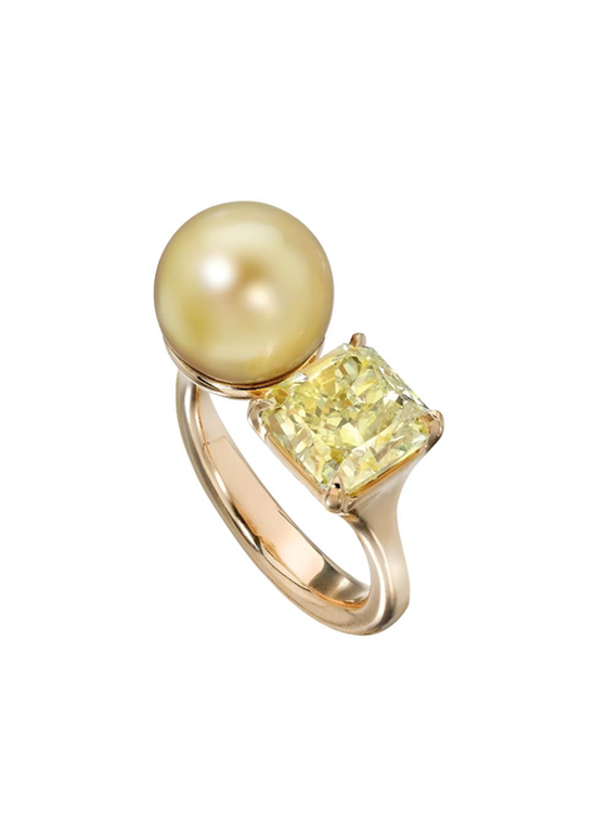 Golden South Sea Pearl and Radiant-Cut Yellow Diamond Ring
