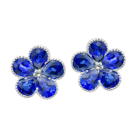 Blue Sapphire Flower Stud Earrings