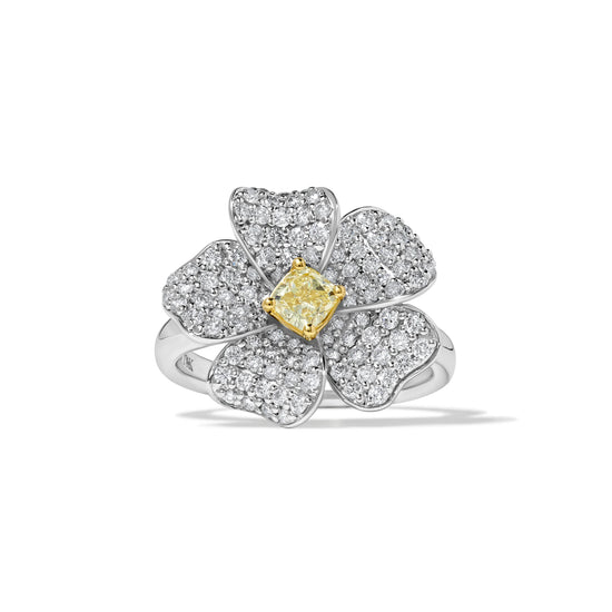 Yellow Cushion & White Round Diamond Flower Ring