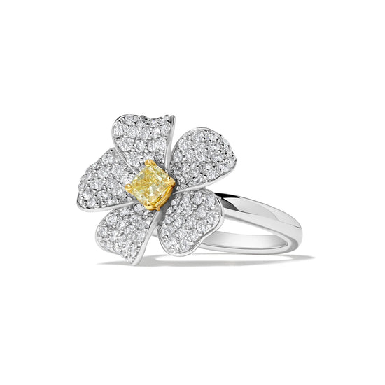 Yellow Cushion & White Round Diamond Flower Ring