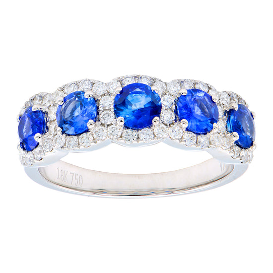 Blue Sapphire and White Diamond Halo Eternity Band