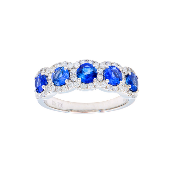Blue Sapphire and White Diamond Halo Eternity Band