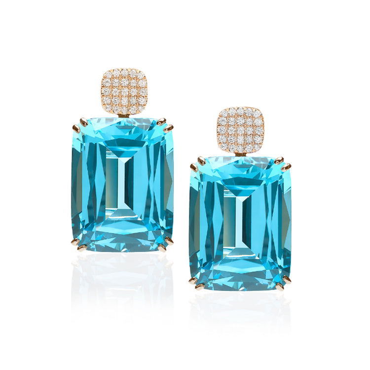 Elegant 18K yellow gold blue topaz earrings with diamond embellishments 